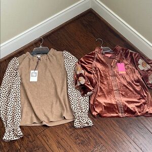 THML Lit of 2 Tan Sweater with Leopard Sleeves and Rust Velvet Top